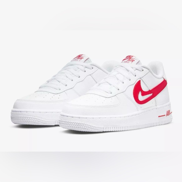 Nike Air Force Low White Red Cut-Out Swoosh Shoes Big Boy-Size 7Y